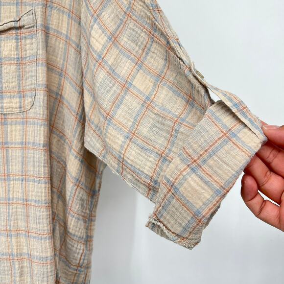 Style Rack Button up Tunic Women's L Gauzy Cotton Tan Blue Plaid Roll Tab Boho - Picture 6 of 9